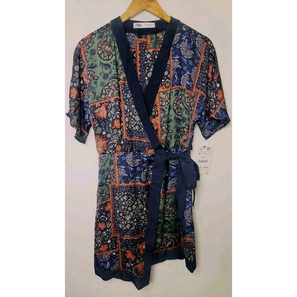ZARA Dress Womens Sz Small Floral Wrap Mini Patchwork Boho‎ Kimono Dolman Sleeve